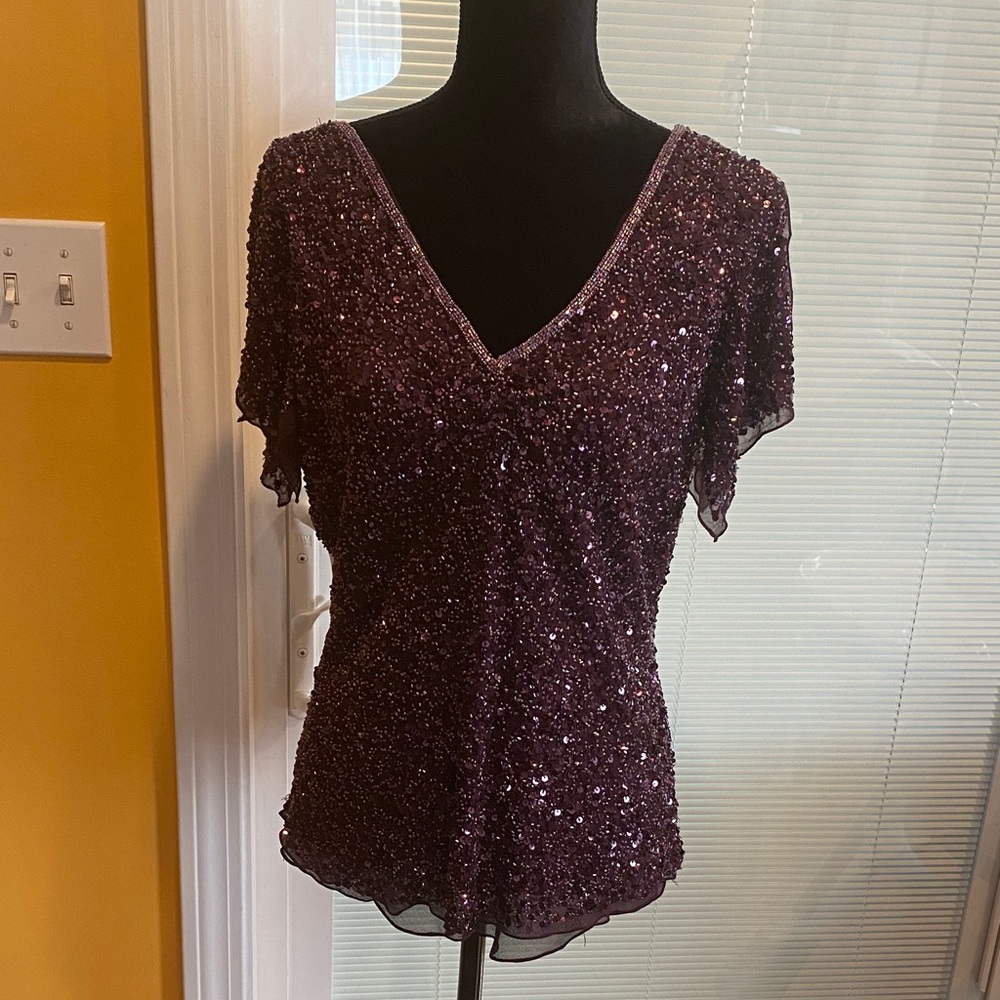 Papell Boutique Sparkling Burgundy Sequin Blouse
